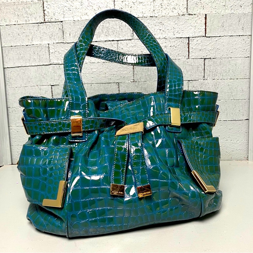 RARE Michael kors Beverly Green Blue crocodile embossed Patent leather Bag Purse